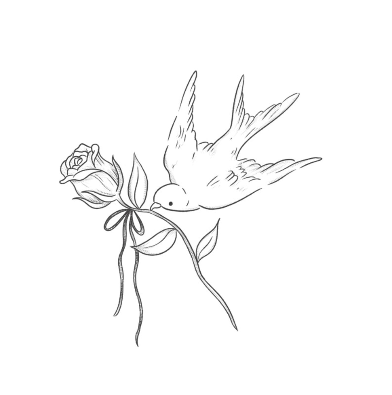Flash design of a fine line bird perched beside a rose