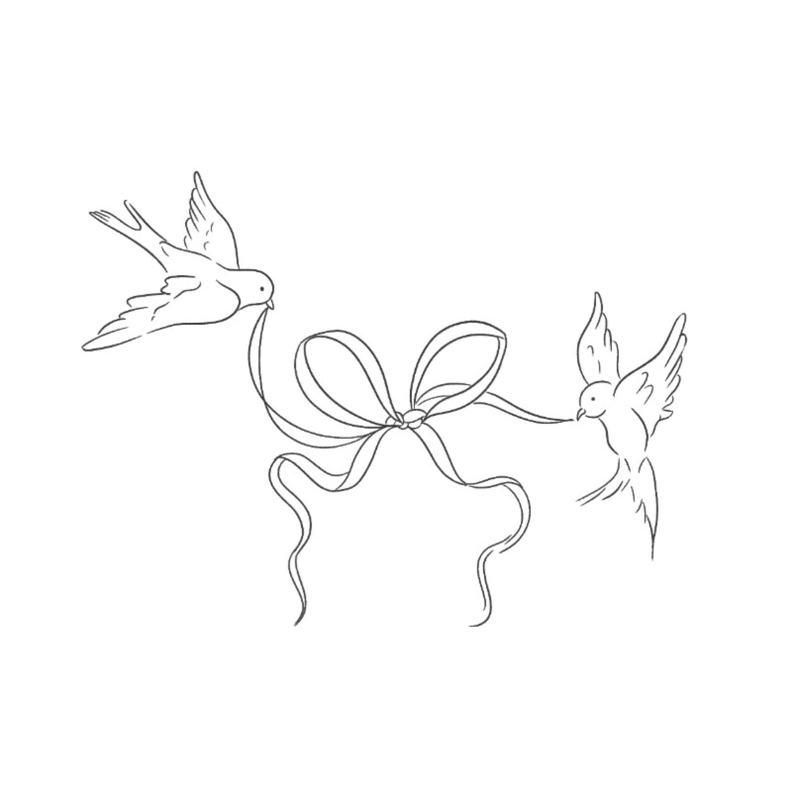Flash design of two fine line birds carrying a ribbon bow