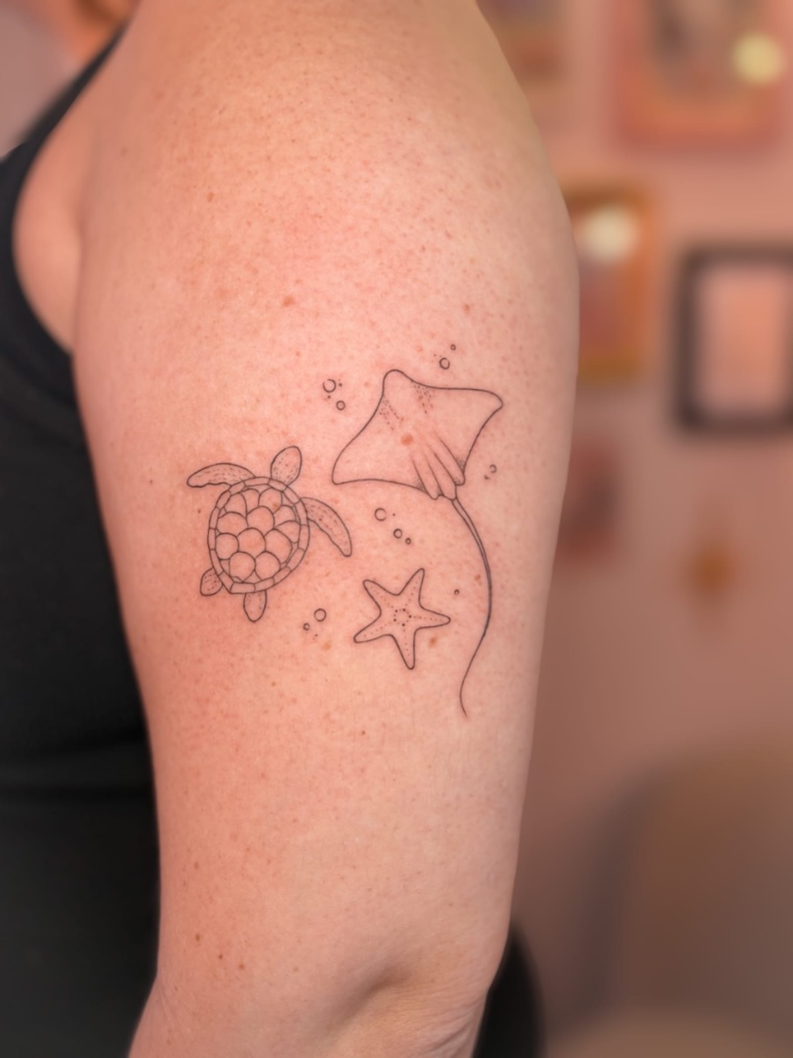 Fine line sea turtle, ray and starfish tattoo trio on an upper arm